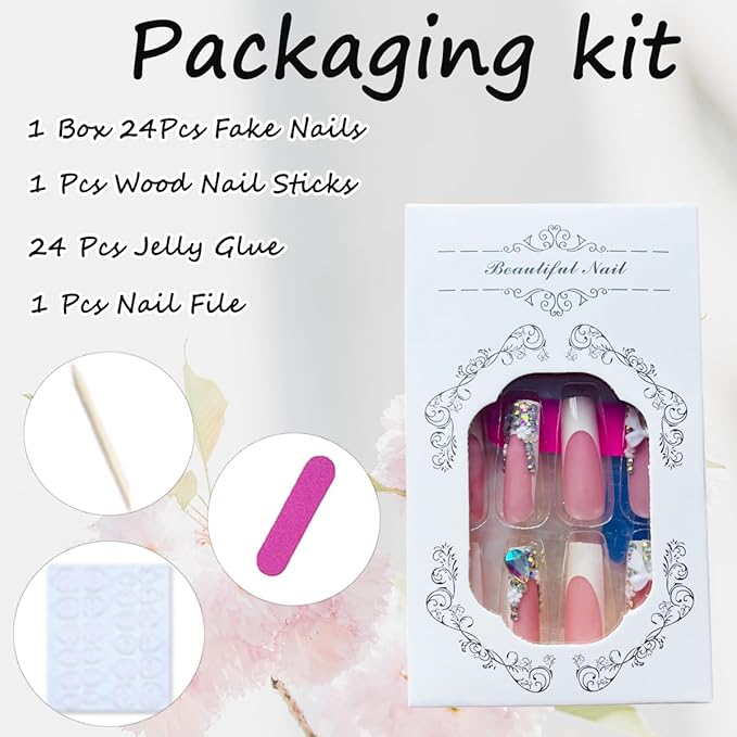 24Pcs Long Square Press on Nails White French Tip Fake Nails with Gem Design Rhinestones Glue on Nails Reusable Bow False Nails Glossy Full Cover Stick on Nails for Women Girls Acrylic Manicure Salon