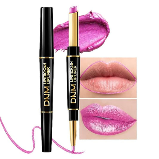 2-in-1 Fuchsia Lip Liner & Lipstick Set Kit for Women, Metallic Lips Kit with Lip Liner Lip Stains Long Lasting Waterproof 24 Hour Lipstick and Lip Liners Combo Lipliners Pencil Set 19