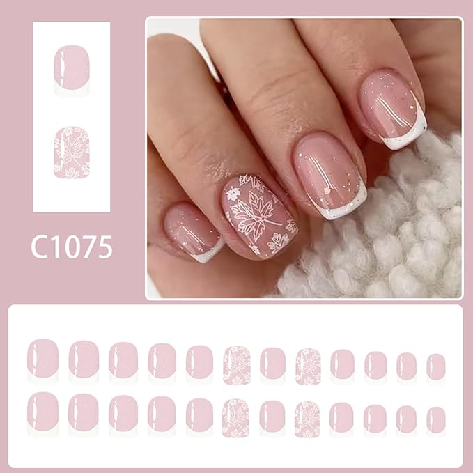24Pcs Fall Press on Nails Short Square Fake Nail with White Autumn Maple Leaves Designs French Tip False Nail Glitter Pink Acrylic Nails Thanksgiving Glue on Nails for Women Daily Wear