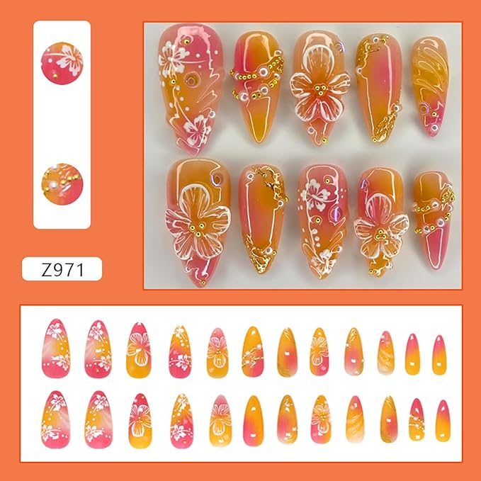 24Pcs Flower Press on Nails Medium Almond Fake Nails 3D Floral with Gold Pearl Rhinestones Glitter Glossy Design Orange Full Cover Stick on Nails Spring Summer False Nails for Women Acrylic Nails