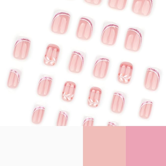 French Press On Nails Short Square, Nude Fake Nails with White French Tip and Elegant Purple & Gold Line Design, Glossy Gel Finish Acrylic Nails Kit for Women, Reusable Glue-On Nails Set, 24Pcs