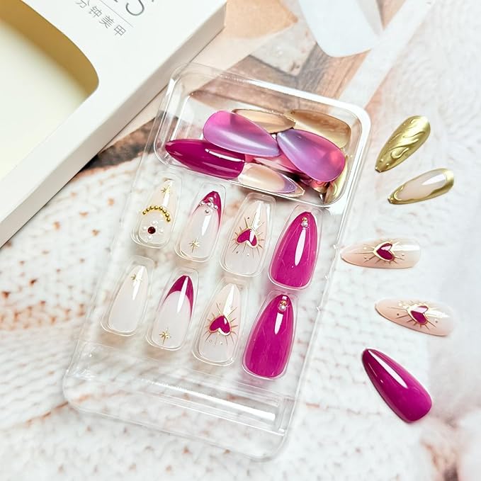 Red Press on Nails Medium Almond Shape NEWSPIED Fake Nails with Chrome Gold Wave & 3D Stars, Artificial Nails Full Cover Stick on Nails Heart Rhinestones Pearls Acrylic False Nails for Women 24 Pcs