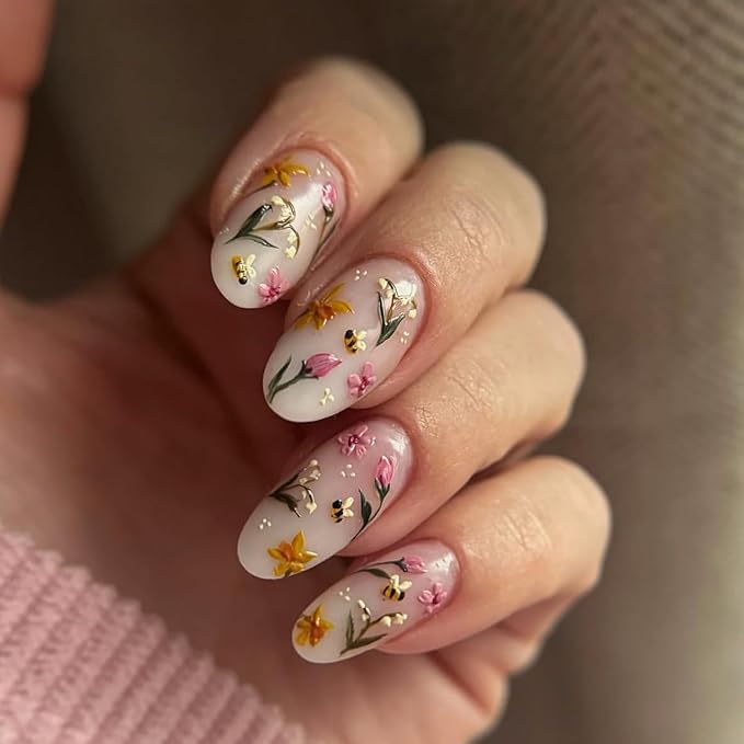 IMRAIN Spring Press on Nails Almond Medium Fake Nails with Cute Flower Designs Floral Artificial Nail Supplies Summer Glossy Glue on Nails Full Cover Stick on Nails for Women 24Pcs