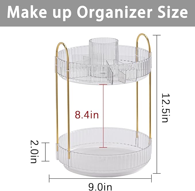 Rotating Makeup Organizer for Vanity, High-Capacity Skincare Clear Make Up Storage Perfume Organizers Cosmetic Dresser Organizer Countertop 360 Spinning (Clear, New-2 Tier)