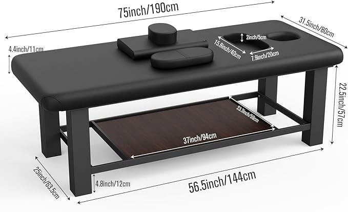 Metal Frame Heavy Duty Stationary Massage Table with Open-Chest & Headrest for Treatment Table, Physical Therapy Table, Spa Facial Professional Massage Bed, Black Leather 31.5'' W x 75.5'' L, 700LBS