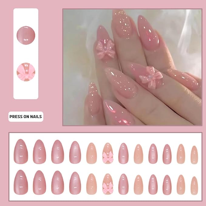 Hkanlre Pink Press on Nails Medium Bow Fake Nails Tips Full Cover Almond False Cute Nails for Women and Girls 24PCS