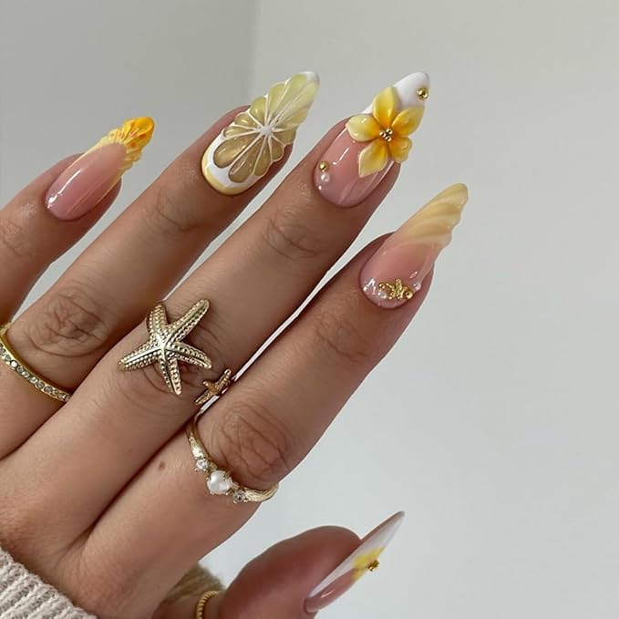 Flower Press on Nails Medium Almond Fake Nails 3D Lemon Gold Bead Star Designs Stick on Nails White French Tip False Nails Handmade Reusable Acrylic Glue On Nail for Women Manicure 24Pcs