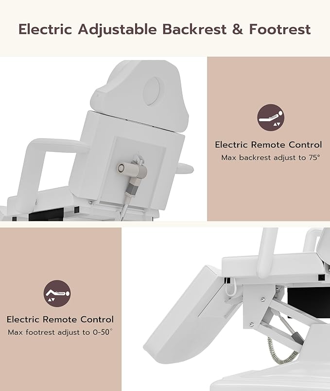 Icoget Fully Electric Tattoo Chair Esthetician Bed for Clients, 3-Motor Adjustable Spa Table Facial Bed for Lashing, Waxing, Professional Aesthetics Chair for Salon, White