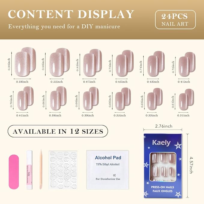 Light Nude Cat Eye Press on Nails Medium Square, Medium Square Press Glue on Nails Chrome for Women Gift, Nude Holographic Glitter Glossy Reusable Soft Gel Acrylic Fake Nail with Designs Cateye Effect