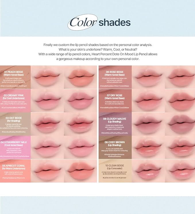 Heart Percent Dote On Mood Lip Pencil, Long-Lasting Creamy Lip Crayon Smooth Color Liner Retractable Lipstick Pencil 0.8g, #14. Calm Pink