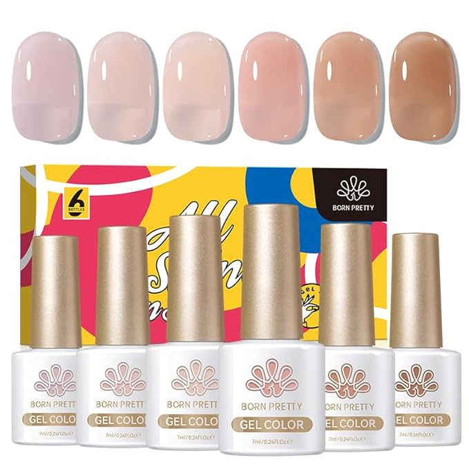 Born Pretty Jelly Nude Gel Nail Polish Set,Nude Clear Gel Nail Polish Sheer Crystal Transparent Gel Polish Soak Off U V Light Cure Gel Polish Kit Nail Art Manicure DIY Salon Home 6PCS 7 ML