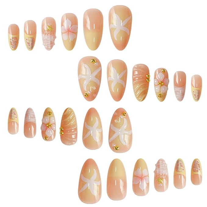 24Pcs Handmade Press on Nails Almond Medium Fake Nails with Gold Bead Starfish Charms Design Glossy Summer Glue on Nails 3D Flower Acrylic Nails Yellow Artificial French Tip Stick on Nails for Women