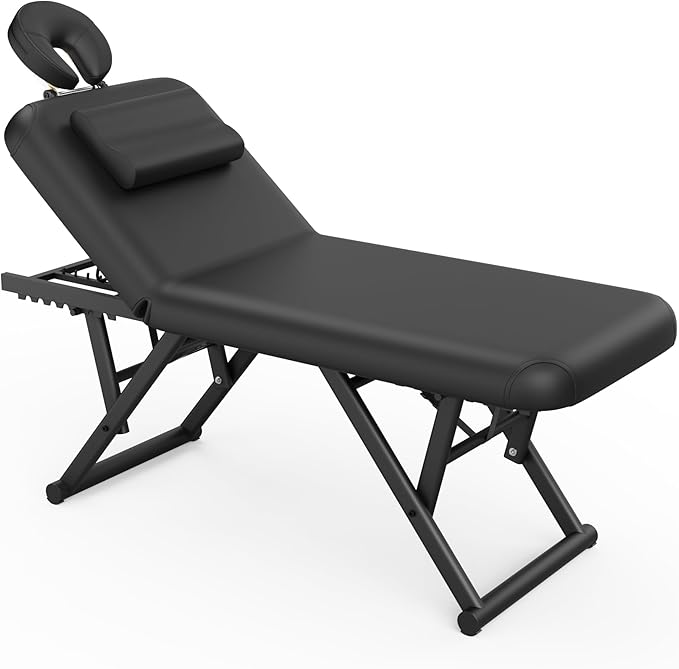 pouseayar Adjustable Massage Table with Face Pillow & Headrest, Sturdy and Solid, Silent and Easy to Adjust - Adjustable Backrest, Black