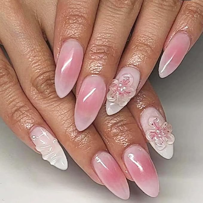 Almond Press-on Nails - Medium French Tips, Pink Glossy Full Cover Set (24 PCS, Includes Pink 3D Nails)