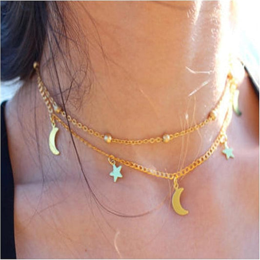 Boho Star Moon Necklace Choker Gold Layered Star Choker Necklace Crescent Moon Necklace Celestial Necklace Chain Festival Jewelry for Women and Girls