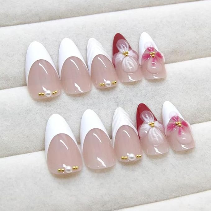 Flower Press on Nails White French Tip Fake Nails Medium Almond False Nails with Pearl Design 5D Floral Glue on Nails Glossy Artificial Acrylic Full Cover Spring Stick on Nail for Women Manicure