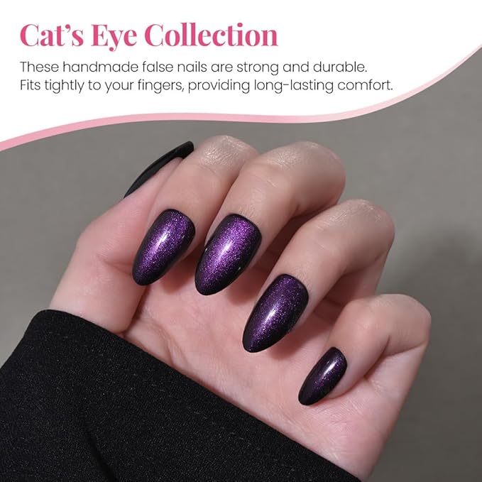 Cat Eye Purple Press On Nails Short Almond 30 Pcs, Designer Reusable Acrylic Fake Nails with Glue, Glossy Soft Gel Nails Wedding and Party, Stick On Glue On Nails, Nails fro Women Gift