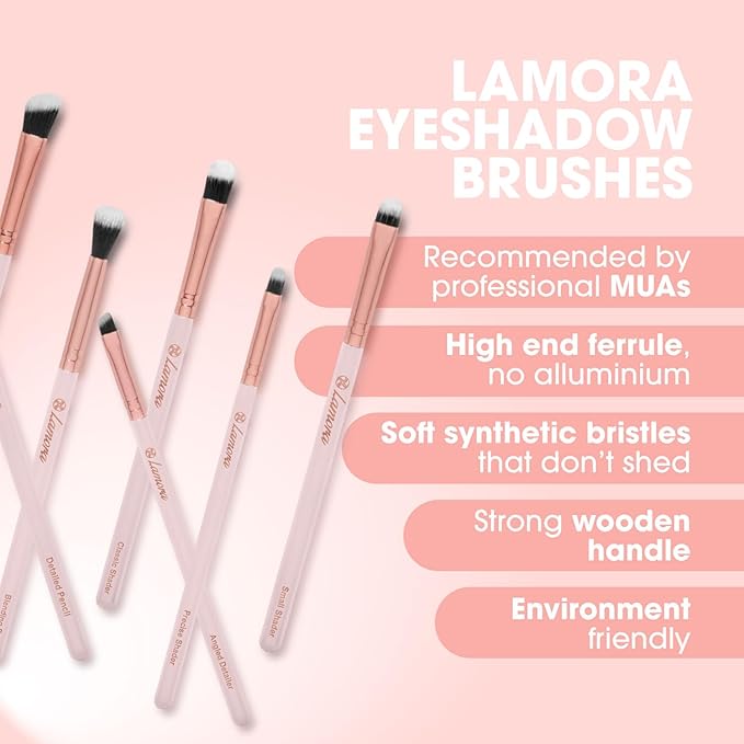 Lamora Eyeshadow Brush Set - Precision Eyeshadow Brushes For Blending Smudging Shading Defining Powdered and Liquid Eye Make-Up - 7Pc Pro Eye Makeup Brushes With Vegan Bristles