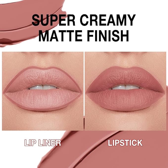 evpct Nude Pink Gradient Matte Lipstick Lip Liner Crayon Combo Pencil Set for Women Long Lasting Waterproof, Nude Matte Cream Lip Liner and Lipstick Combo Makeup, Flawless Gradual Ombre Effect