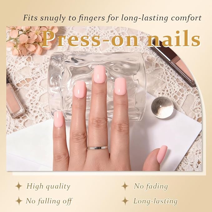 evpct Light Nude Pink Medium Oval Glossy Press on Nails for Women, Glossy Light Nude Pink Fake Nail with Glue Manicure Kit, Soft Gel Full Cover Reusable Stick Glue on Acrylic False Nails Perfectly Fit