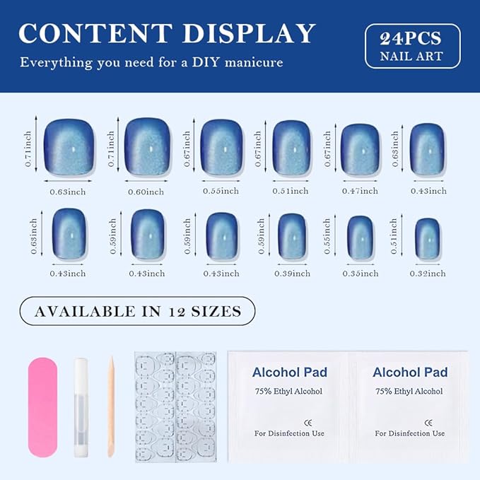 evpct Blue Cat Eye Extra Short Press on Nails Square, Petite Short Square Glue on Nails for Women Gift, Light Sky Blue Metallic Glitter Glossy Reusable Gel Press on Acrylic Fake Nail with Designs