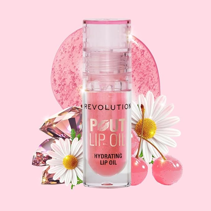 Revolution, Pout Lip Oil, Nourishing Tinted Lip Oil, High Shine, Non-Sticky Finish, Vegan & Cruelty-Free, Glam Pink Shimmer, 0.13 oz