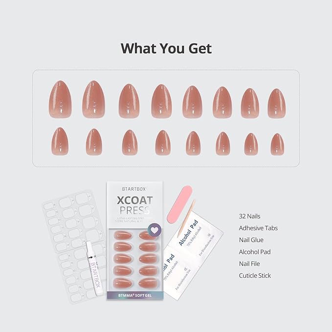 BTArtbox Press On Nails Short - Lamp-Curable Sparkly Almond Press On Nails with Glue for Women, Semi-Transparent Soft Gel Glue On Nails in 16 Sizes - 32 Stick On Nails Kit, Citrine Glow