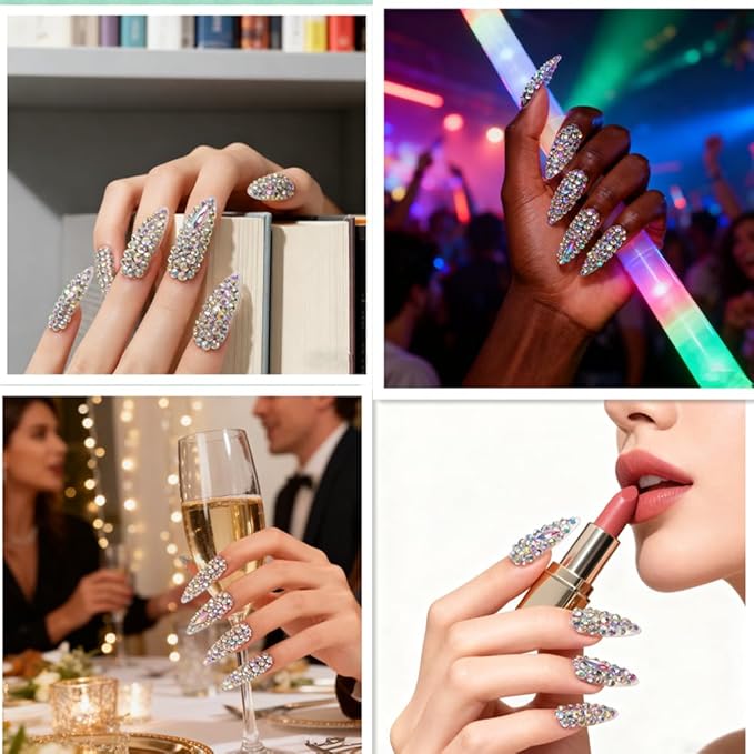 Handmade Press on Nails Full Cover Luxurious 3D Crystal False Nails Super Extra Long Stiletto Diamonds Art Decoration Fake Nails Manicure Kit Nail Art Tips Gift for Women Girls Wedding Party