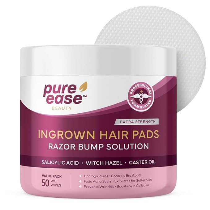 Ingrown Hair Treatment & Exfoliating Pads – 50 Pre-Soaked Wipes for Razor Bumps Treatment for Women – Skin-Smoothing Formula for Face, Neck, Underarms & Bikini Area