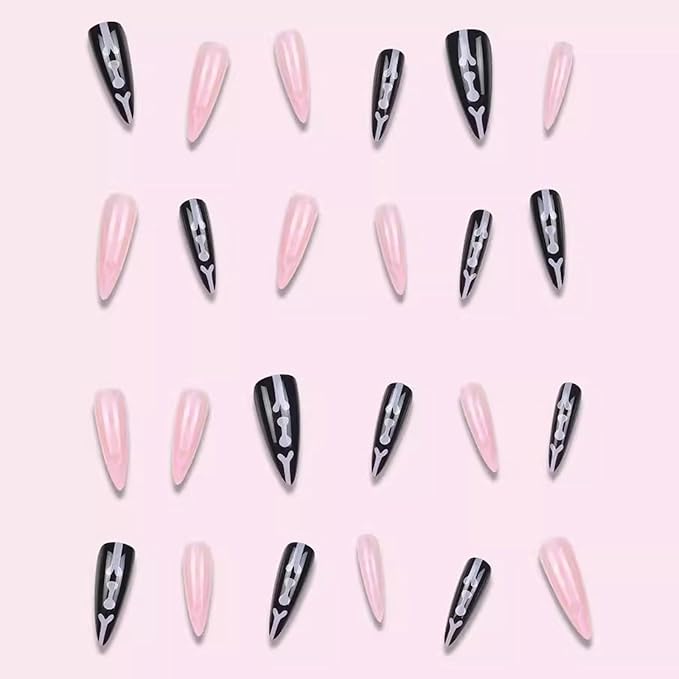 IMRAIN Press On Stiletto Fake Pink Black Glossy Glue on Nails - Full Cover Artificial False Nails with Skull Designs Halloween 24 Pcs Stick Ons