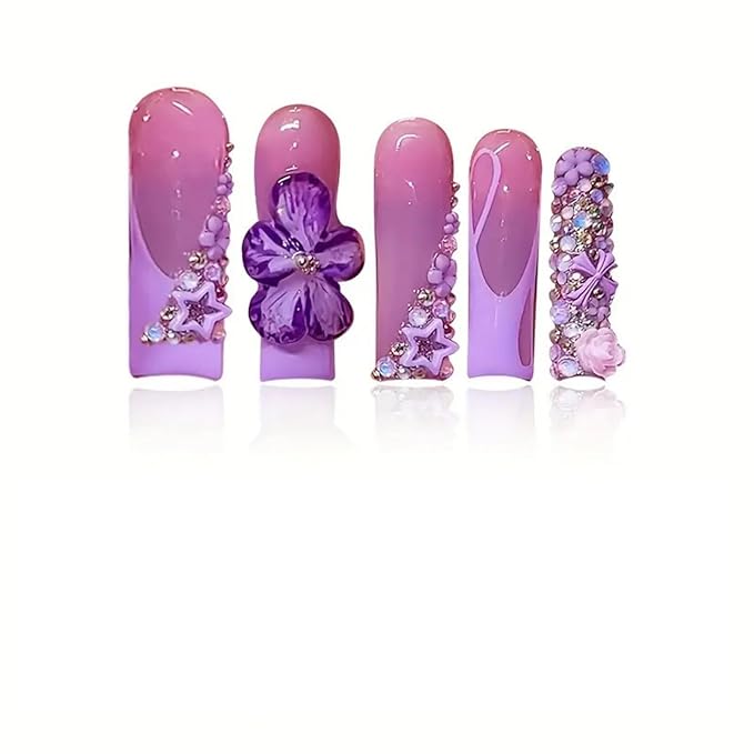 Long Press on Nails Square Fake Nails SEENEEY French Artificial Nail with Purple Floral and Rhinestones Designs Cute Stick on Nail for Women 24pcs