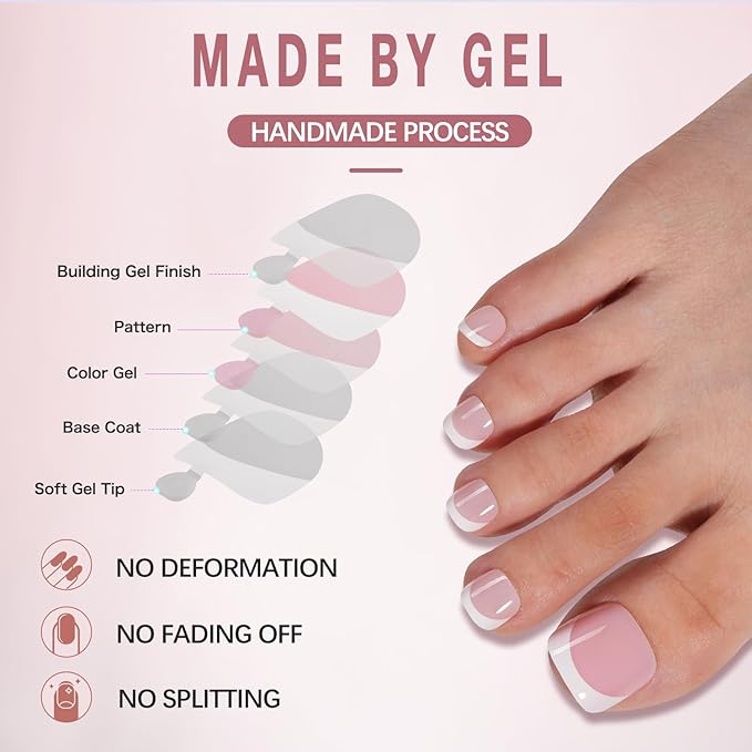 Misssix French Toe Nail Tips Press on Nails, 216 pcs Soft Gel Fake Toenail Pink White, Pre-shaped Full Cover Acrylic for Women DIY 12 Sizes
