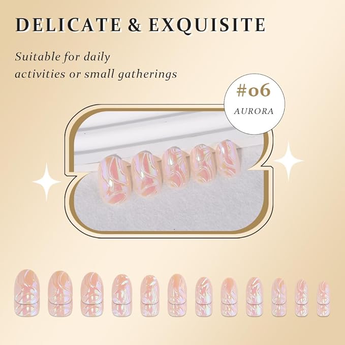 3D Handmade Aurora Press On Nails Ovale Short 24 Pcs, Chameleon Line Designer Reusable Acrylic Fake Nails with Glue On Nails, Wedding and Party, Daily wear Stick On Nails for Women Gift