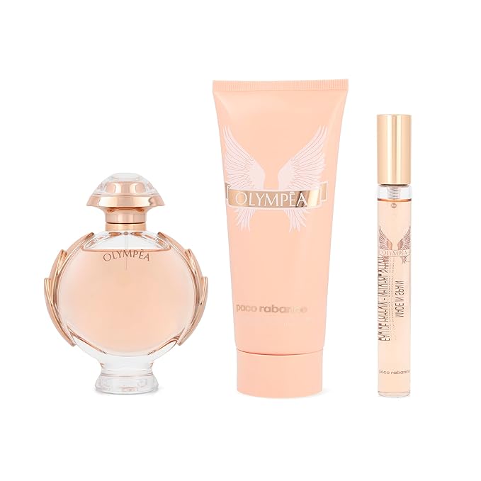 Paco Rabanne Olympea 3-Piece Set for Women, (2.7 Oz Eau De Parfum Spray + 3.4 Oz Body Lotion + 0.33 Oz Eau De Parfum Travel Spray)