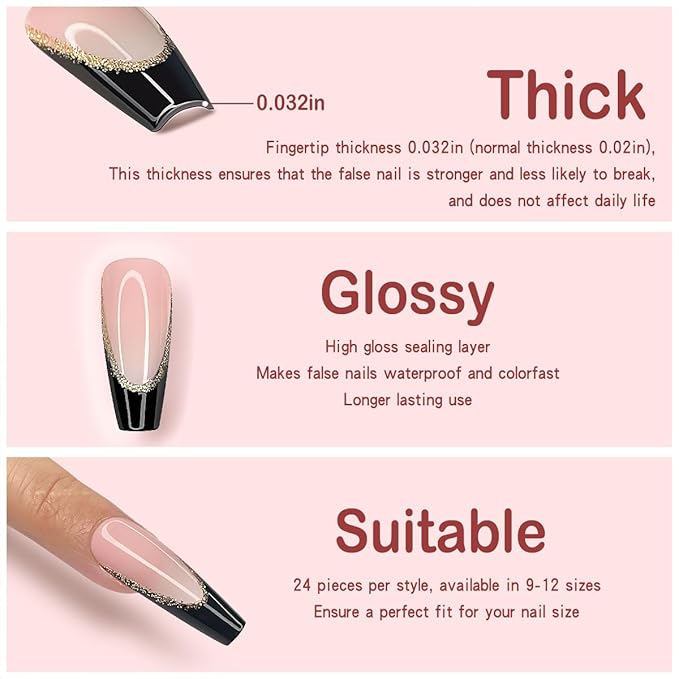 Yivaiks 24 Pcs Black French Tip Press on Nails Long Coffin Nails,Fake Nails with Nail Glue on Nails for Women,Ballerina Butterfly Sequin Acrylic Nails French Tip Nails