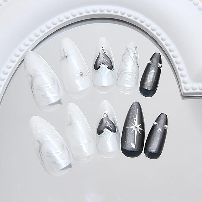 24Pcs Gothic Press on Nails Medium Almond Fake Nails Silver Heart with Rhinestones Design Acrylic Y2k False Nails Black Full Cover Glue on Nails Nude White Stick on Nails for Women Manicure Salon