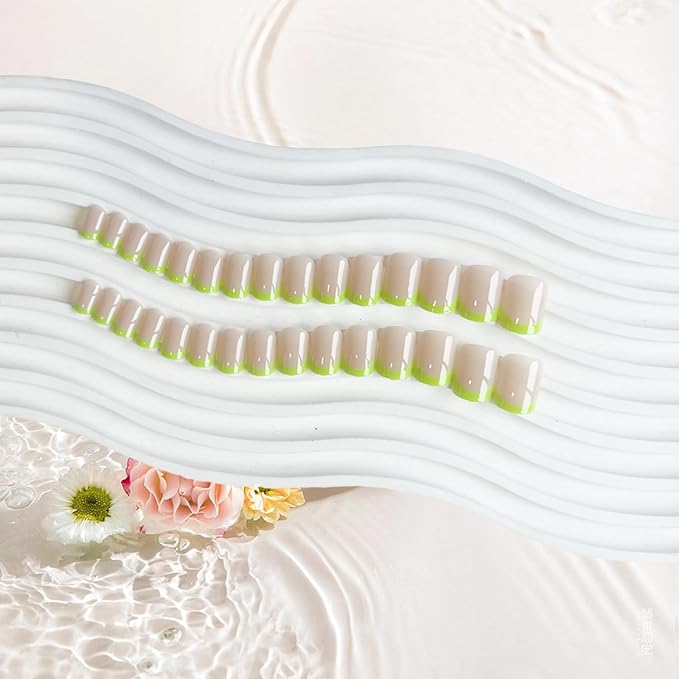 30Pcs Neon Green French Tip Press on Nails Short Square Nails Press ons, Short Fake Nails Coffin Acrylic French Glue on Nail False for Women, Natural15 Sizes