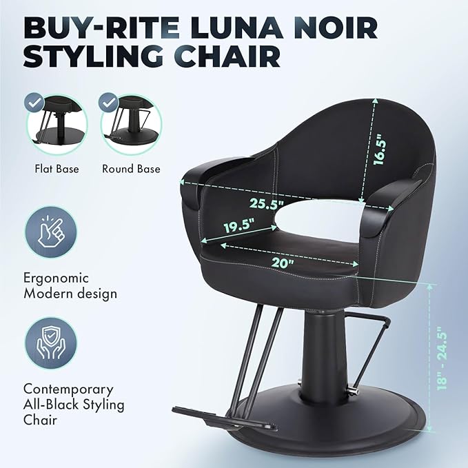 Buy-Rite Luna Noir Styling Chair for Professional Salons & Barbers, Durable Black Metal Armrests, Intricate Stitch Pattern, YLG-356-BLK (Black Standard Base)