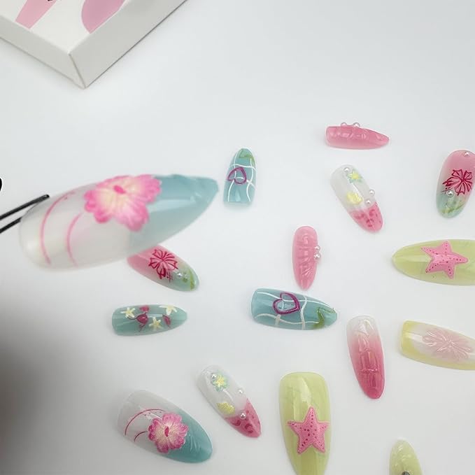 30Pcs Pink Press on Nails Medium Almond Fake Nails with 3D Flower Pearl Starfish Design Summer Bikini Shell Butterfly False Nails Pineapple Orange Colorful Acrylic Stick on Nails for Women