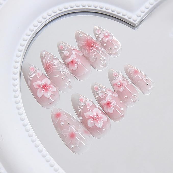 24Pcs Pink Press on Nails Medium Almond Fall Fake Nails with Pearl Glue on Nails 3D Flowers Butterfly Acrylic Nail Tips Gradient French False Nail Full Cover Pink Flower Stick on Nails for Women