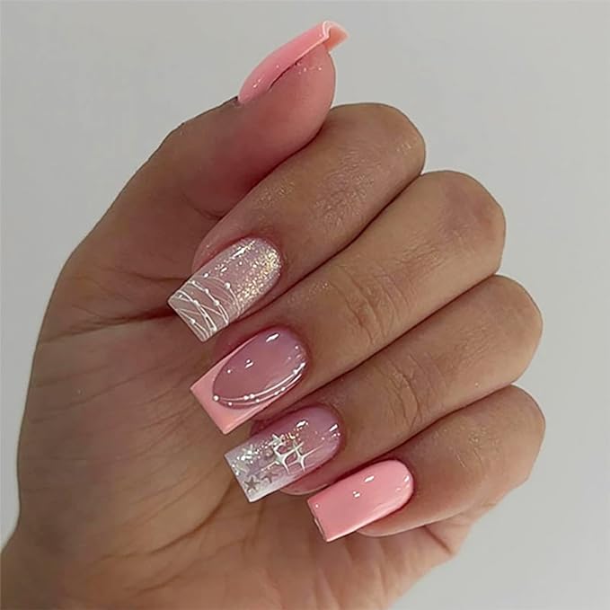 French Tip Press on Nails Medium Square Fake Nails Pink Glue on Nails with Star Lines Nail Art Decor Silver Star False Nails Reusable Artificial Acrylic Nails for Women Girls 24pcs
