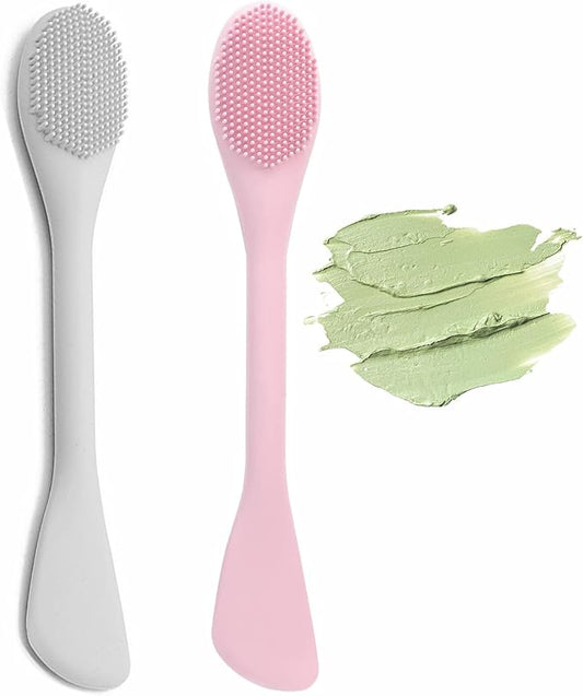 Pore Scrubber, Double-End Silicone Face Mask Brush Silicone Face Scrubber, 2Pcs Soft Mask Applicator Tool for Facial Mud,Facial Cleansing Brushes for Makeup Skincare Removal, Pink and Grey