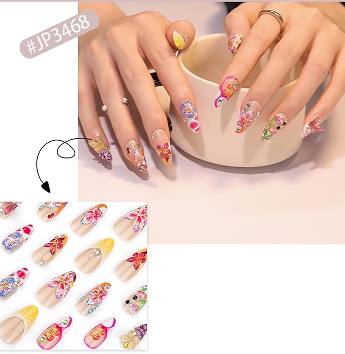 Flower Press on Nails Long Almond Fake Nails 3D Floral Colorful Butterfly Rhinestone Design French Tip False Nail Spring Summer Stick on Nails Acrylic Glue on Nail Art DIY Manicure Supplies