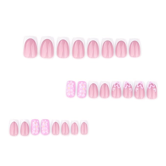 Flowers Press on Nails Square Medium Fake Nails White French Tip False Nails Pink Glossy Full Cover Glue on Nails Heart Artificial Stick on Nail for Women Manicure DIY