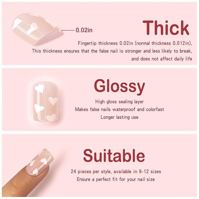 Yivaiks White Acrylic Press on Nails Valentines Day Glue on Nails Short Fake Nails Heart Stick on Nails Full Cover Artificial Nails Press ons Short Nails Kit 24pcs