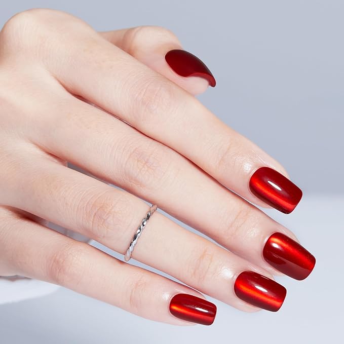 Modelones Red Cat Eye Press on Nails, Christmas Short Square Fake Nails, Reusable Nail Kit with Nail Glue Adhesive Tabs Mini Nail File, Nails Press Ons 32Pcs16 Sizes, Women Girl Gift