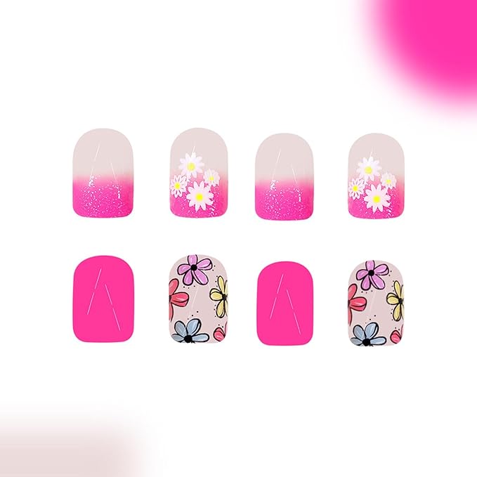 48Pcs Pink Press on Nails Kit - Flower Fake Nails Short Square with Floral Designs Glossy Cute Gradient Pink False Nails French Nails Press ons Flowers Spring Stick on Nails for Women Daily Wear