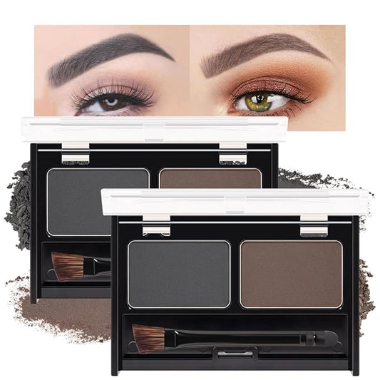 2Pcs Eye Brow Powder for Women, Medium Brown Eyebrow Powder Kit with Double-ended Eyebrow Brush, Long-Lasting Waterproof Two Colors, Purse-Friendly Compact (Dark Brown+Dark Grey)