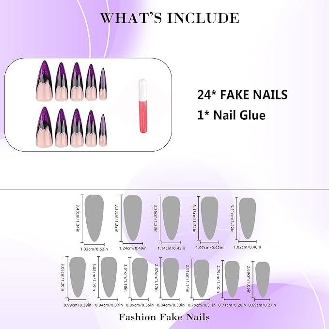 IMRAIN Halloween Press on Nails Long Stiletto Fake Nails Purple Cat Eye French Tips False Nails with Bat Designs Glossy Bling Artficial Glue Stick on Nails for Women 24Pcs