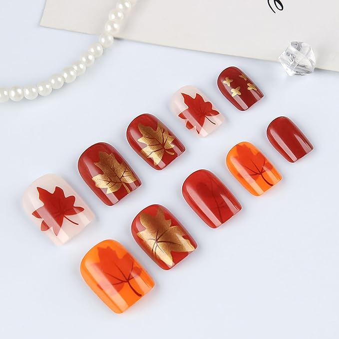 Fall Maple Leaf Press on Nails 24Pcs Red Maples Fake Nails Golden Autumn Leaves Stick on Nail Thanksgiving Artificial Nails Short Square Glossy Acrylic False Nails Gel Glue on Nail for Women